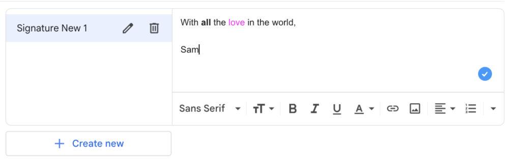 Customization options for a Gmail signature, including text formatting tools, image insertion, and personalized message editing.